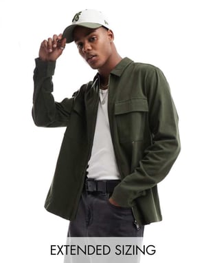 ASOS DESIGN overshirt with front zip in bottle green
