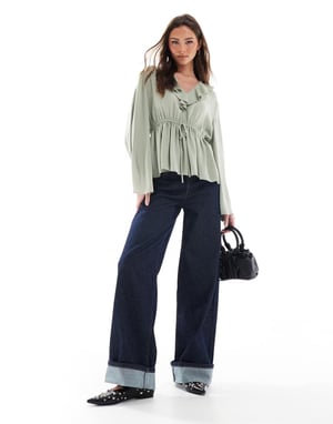 ASOS DESIGN v neck frill top with peplum hem in khaki