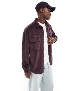 ASOS DESIGN 90s oversized cord shirt with patch pocket in dark plum