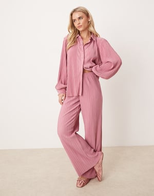 Vila Petite plisse shirt co-ord in dusty pink