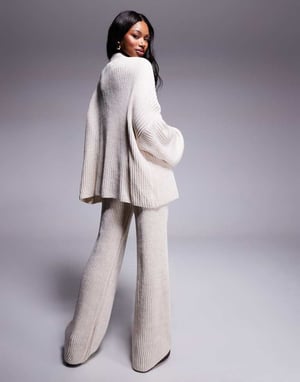 Missyempire knitted button down cardigan and trouser full set in beige