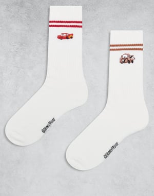 ASOS DESIGN Disney Pixar 2 pack socks with Mater and McQueen embroidery in white