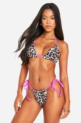 Leopard Print Contrast Triangle Bikini Top & Tanga Tie Side Bikini Bottoms Set