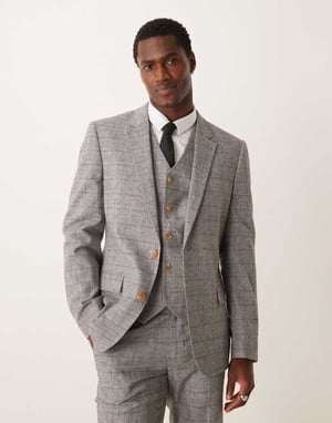 ASOS DESIGN new skinny with linen suit jacket in grey prince of wales check