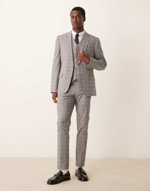 ASOS DESIGN new skinny with linen suit jacket in grey prince of wales check