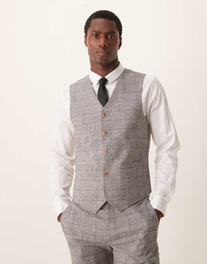 ASOS DESIGN new skinny with linen suit waistcoat in grey prince of wales check