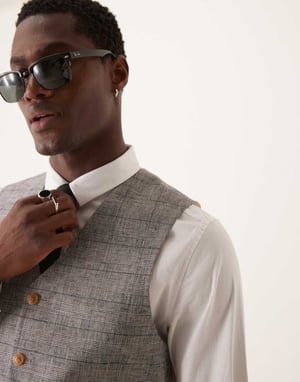 ASOS DESIGN new skinny with linen suit waistcoat in grey prince of wales check