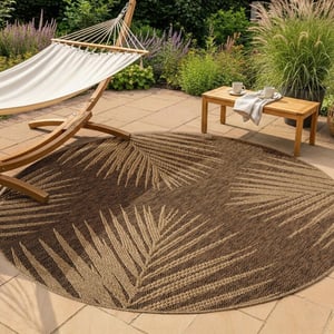Muratap Timber floral rond buitenkleed – jute look – weerbestendig – 200 cm rond