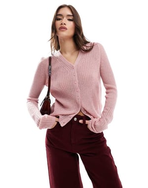 ASOS DESIGN high v neck fine gauge cardigan in pink