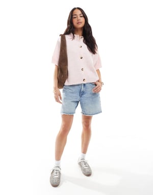 ASOS DESIGN knitted short sleeve shirt cardigan in pink