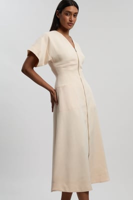 Tencel Blend Tailored V Neck Zip Detail Maxi Dress