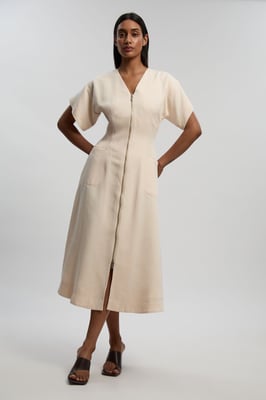 Tencel Blend Tailored V Neck Zip Detail Maxi Dress