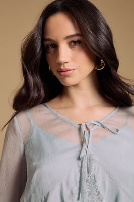 Fluted sleeve lace trim blouse