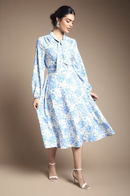 Floral Button Tie Neck Midi Dress