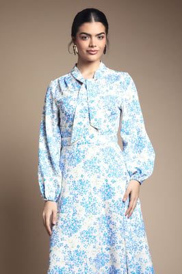 Floral Button Tie Neck Midi Dress