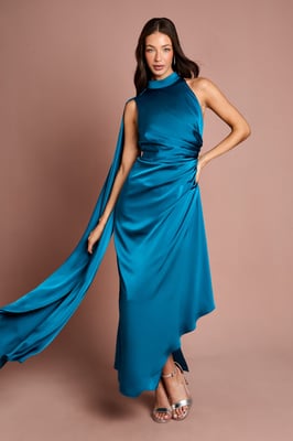 Satin Ruched Detail Cap Midi Dress