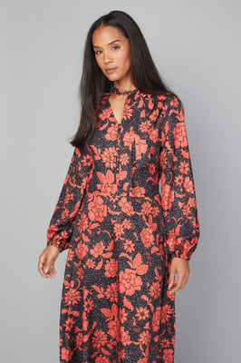 Floral Button Tie Neck Midi Dress