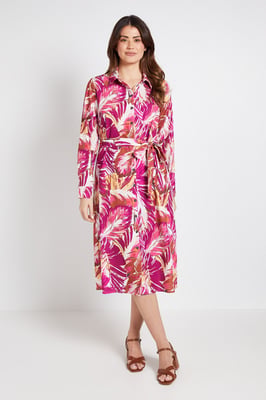 Palm Print Collared Button Through Shirt Dress