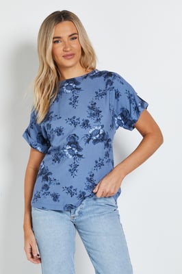 Blue Floral Printed Roll Sleeve Blouse