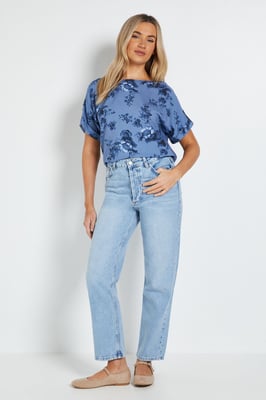 Blue Floral Printed Roll Sleeve Blouse