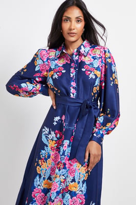 Petite Floral Western Belted Midi Shirt Dress