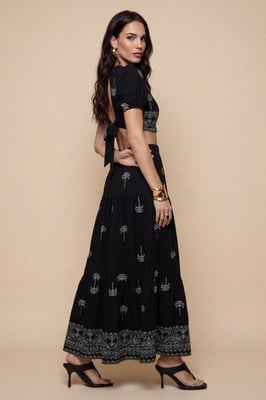 Open Pen Back Tirered Maxi Dress Black Pattern