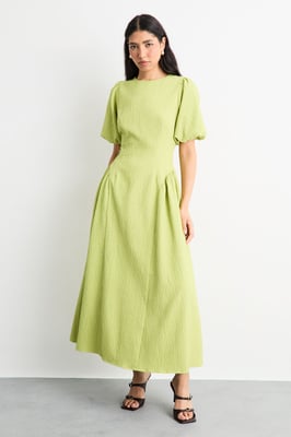 Textured Godet Side Puff Sleeve Midi Dress