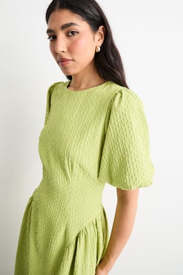 Textured Godet Side Puff Sleeve Midi Dress