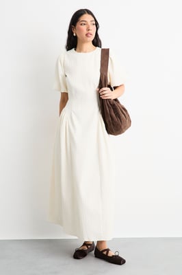 Textured Godet Side Puff Sleeve Midi Dress