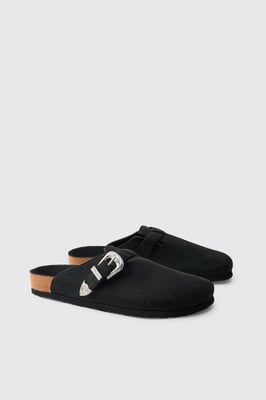 Western Buckle Faux Suede Mule