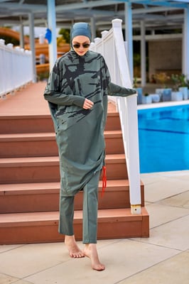 Kaki bescheiden badmode Burkini-set met volledige dekking
