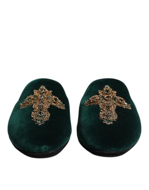 Dolce & Gabbana Grön Sammet Kors Dekorerade Tofflor Skor