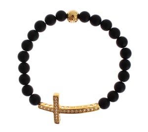 Nialaya Matte Onyx Steen Gouden CZ Kruis 925 Zilveren Armband