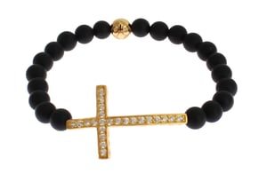 Nialaya Matte Onyx Steen Gouden CZ Kruis 925 Zilveren Armband