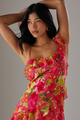 Chiffon Asymmetric Hem Ruffle Midi Slip Dress