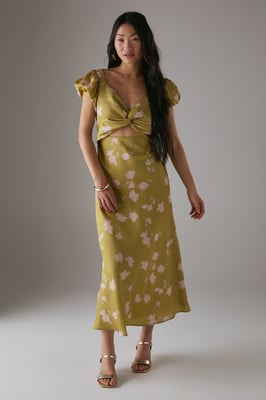 Petite Satin Knot Front Cut Out Midi Dress