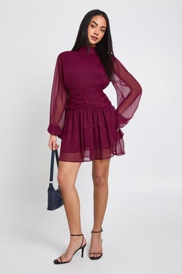 High Neck Gathered Chiffon Mini Dress