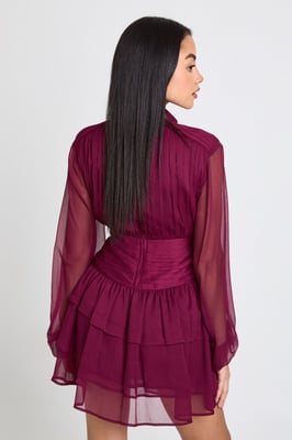 High Neck Gathered Chiffon Mini Dress