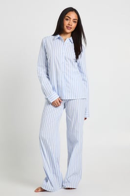 Cotton Poplin Pinstripe Long Sleeve Shirt & Trouser Pyjama Set