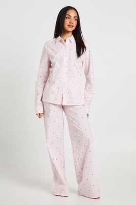 Cotton Poplin Pinstripe Heart Print Long Sleeve Shirt & Trouser Pyjama Set