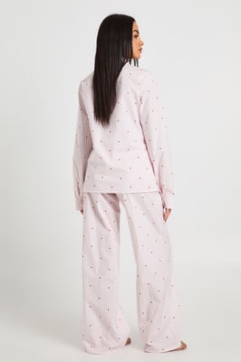 Cotton Poplin Pinstripe Heart Print Long Sleeve Shirt & Trouser Pyjama Set