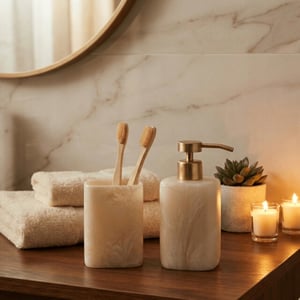 Casa di Elturo Luxe badkamer set elvora – zeepdispenser & beker – beige marmerlook met gouden