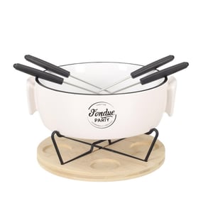 Casa di Elturo Fondue set voor 4 personen – porseleinen fonduepan met bamboe onderplaat –