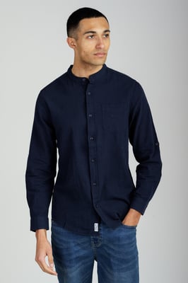 Navy Linen Blend Long Sleeve Button-Up Shirt With Grandad Collar