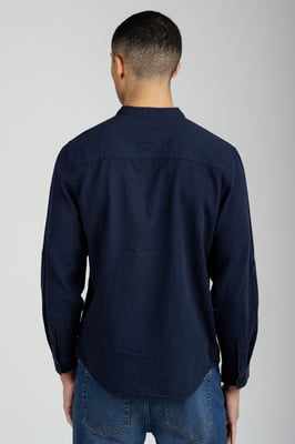 Navy Linen Blend Long Sleeve Button-Up Shirt With Grandad Collar