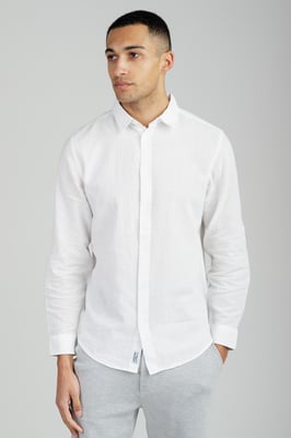 White Linen Blend Long Sleeve Button-Up Shirt