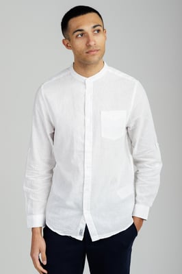 White Linen Blend Long Sleeve Button-Up Shirt With Grandad Collar