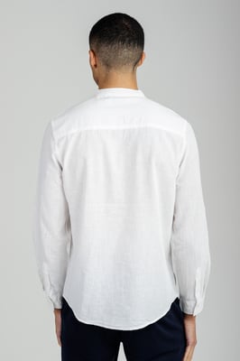 White Linen Blend Long Sleeve Button-Up Shirt With Grandad Collar