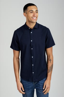 Navy Linen Blend Short Sleeve Button-Up Shirt