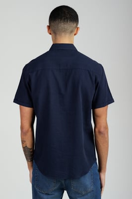 Navy Linen Blend Short Sleeve Button-Up Shirt